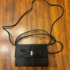 Black dress evening clutch purse with straps bling bow